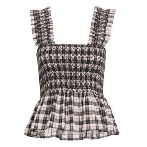 GANNI Smocked Gingham Peplum Tank Top - black and pink
